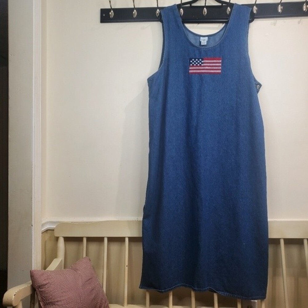 Carolina colors plus vintage denim dress with embroidered American flag 22w